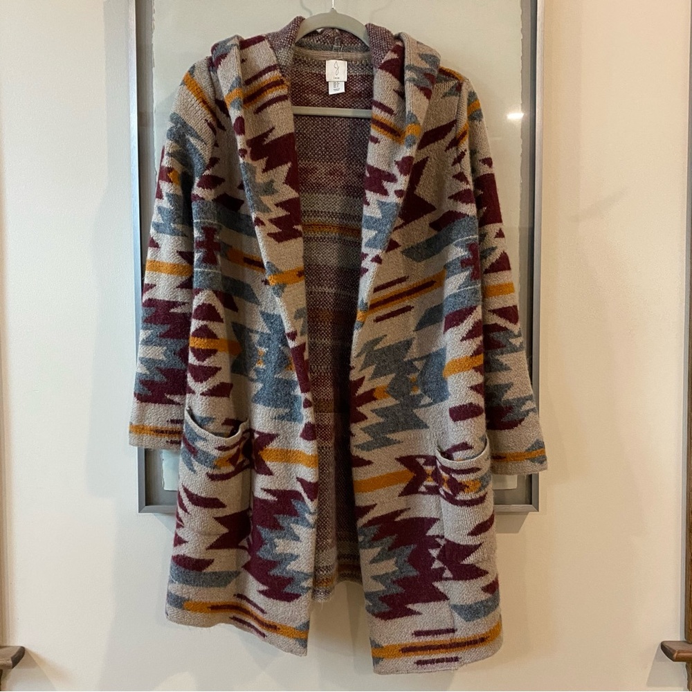 Joie Hooded Long Sweater with Geometric Pattern - Size Small